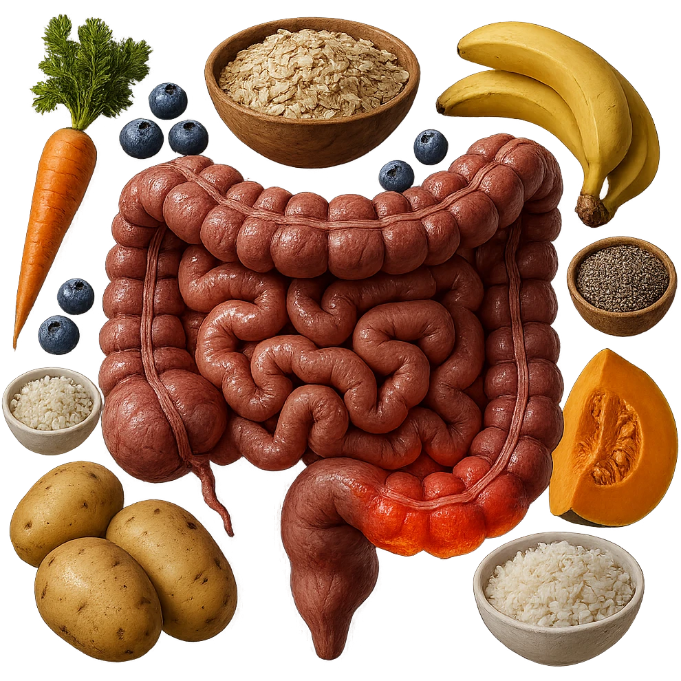 intestino umano anatomico infiammato con carota, bowl di avena, mirtilli, bowl di semi di chia, patate, banane, zucca, bowl di riso che gli fluttuano dietro, iperrealistico 4k emoji