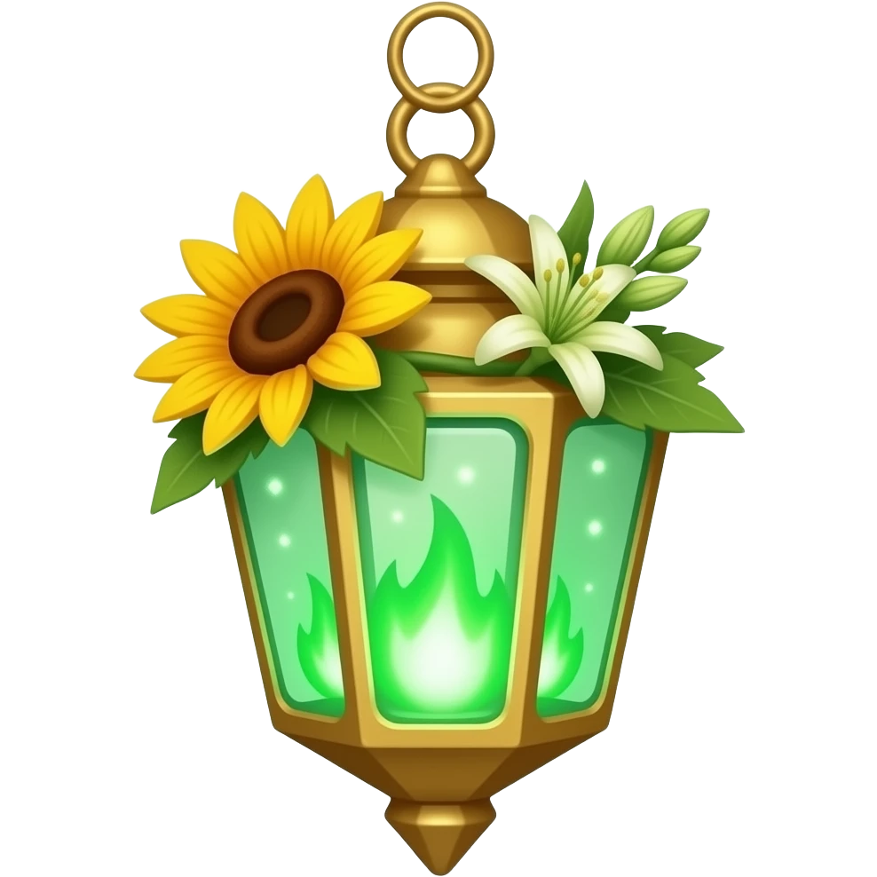 A golden hanging lantern with a bright emerald flames, an empty loop on top, sunflower & asphodel wrapping it, focus more on the green flames, paint the glass more green, have its bottom point come to some sort of point emoji
