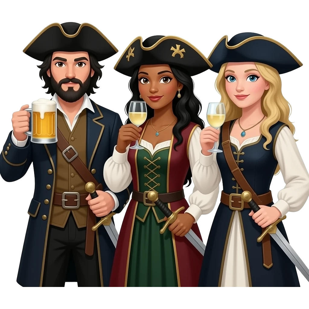 Three musketeers with swords and hats. One guy with black hair, beard and dark brown eyes, one girl with black hair and tanned skin and one girl with blond hair. The guy is drinking beer and the girls white wine. emoji