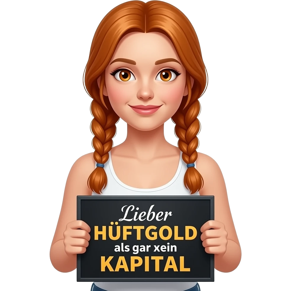 sexy girl with long ginger braids and ginger eyes wearing a white tanktop is holding a black sign with Lieber HÜFTGOLD als gar kein KAPITAL written on it emoji