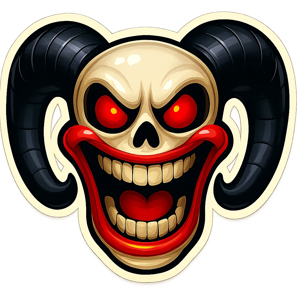 Make this image even more similar to the reference in every possible way: match the skull shape, horn size and curve, eye color and shape, mouth expression, teeth, and all sticker details. Keep the subject fully inside the image borders. High quality, retro sticker style. No changes except to increase similarity to the reference image. emoji