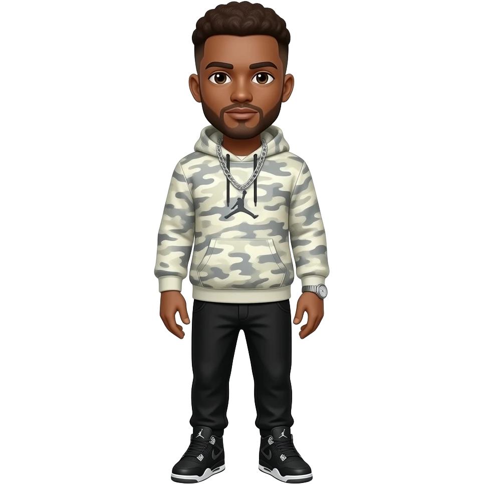 Make a brown skin colored man with fluffy brown low taper fade with a light colored camouflage hoodie with black pants with black Jordan 4’s with a silver chain and watch emoji