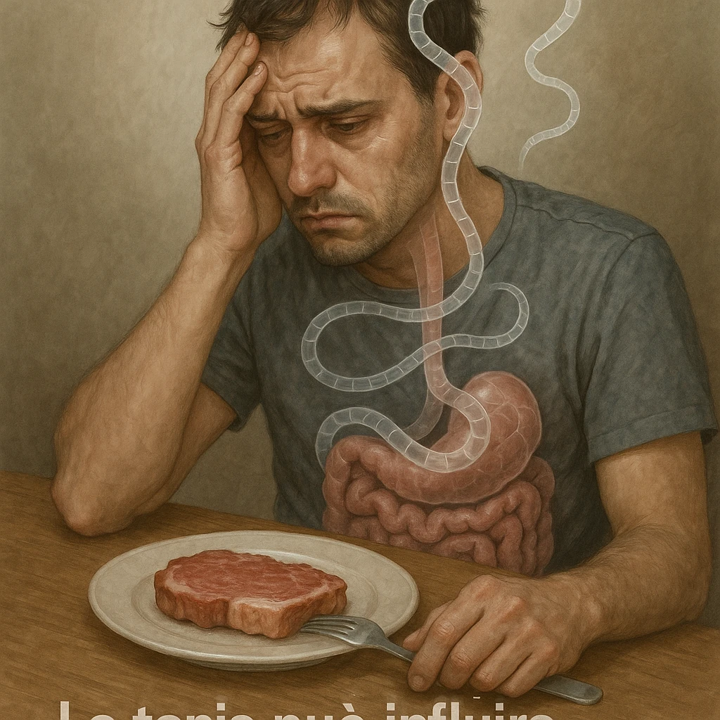 realistic illustration: man with depressed expression, pork meat on plate, transparent tapeworm wrapped around intestine and rising towards head, text in Italian: 'La tenia può influire sulla mente', 4K quality emoji