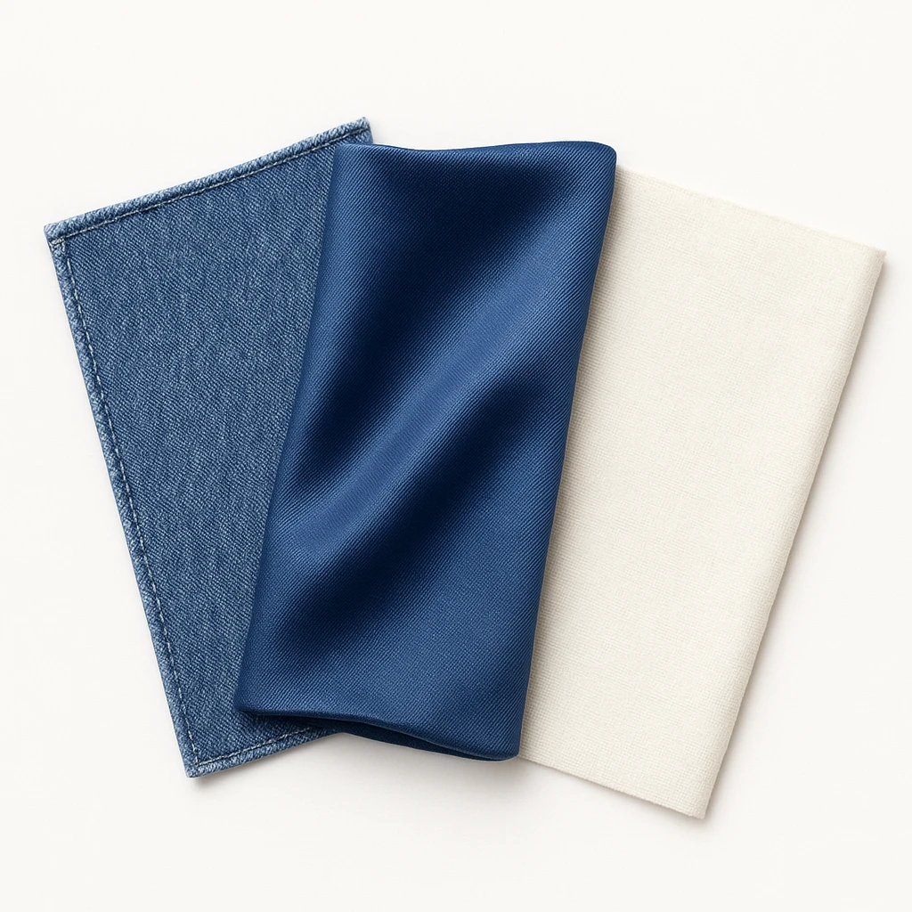 Сгенерируй мне аккуратный, но не квадратный, кусок джинсовой ткани, на чисто белом фоне. И чтобы было три разных ткани, допусти одна джинсовая, вторая шелк, третия хлопок. И они рядом с друг другом, как карты, веером

 emoji