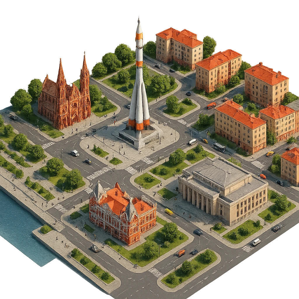 Изометричная чёткая миниатюрная фотореалистичная 3D модель панорамы Самары — Площадь Славы, Памятный комплекс ракеты-носителя «Союз», Храм Пресвятого Сердца Иисуса, Самарский академический театр драмы им. М. Горького, Самарский академический театр оперы и балета, набережная Волги, дома, люди, автотранспорт. Вид сверху в изометрии, яркие цвета, прозрачный фон, компактная композиция. emoji