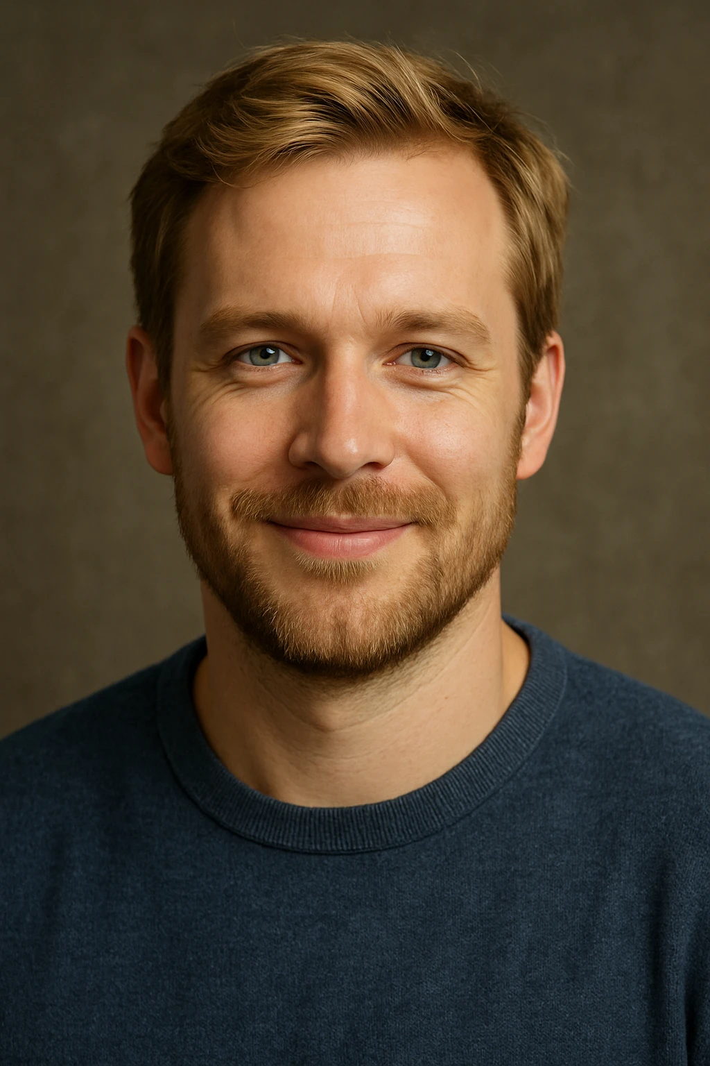 A 35-year-old man with blonde hair, blue eyes, a light beard, and a friendly smile. emoji