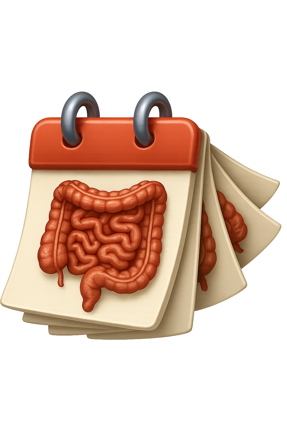 emoji stile iphone di un calendario con fogli che volano insieme, sui fogli ci sono disegnati degli intestini anatomici, iperrealistico 4k, isolato su sfondo bianco emoji