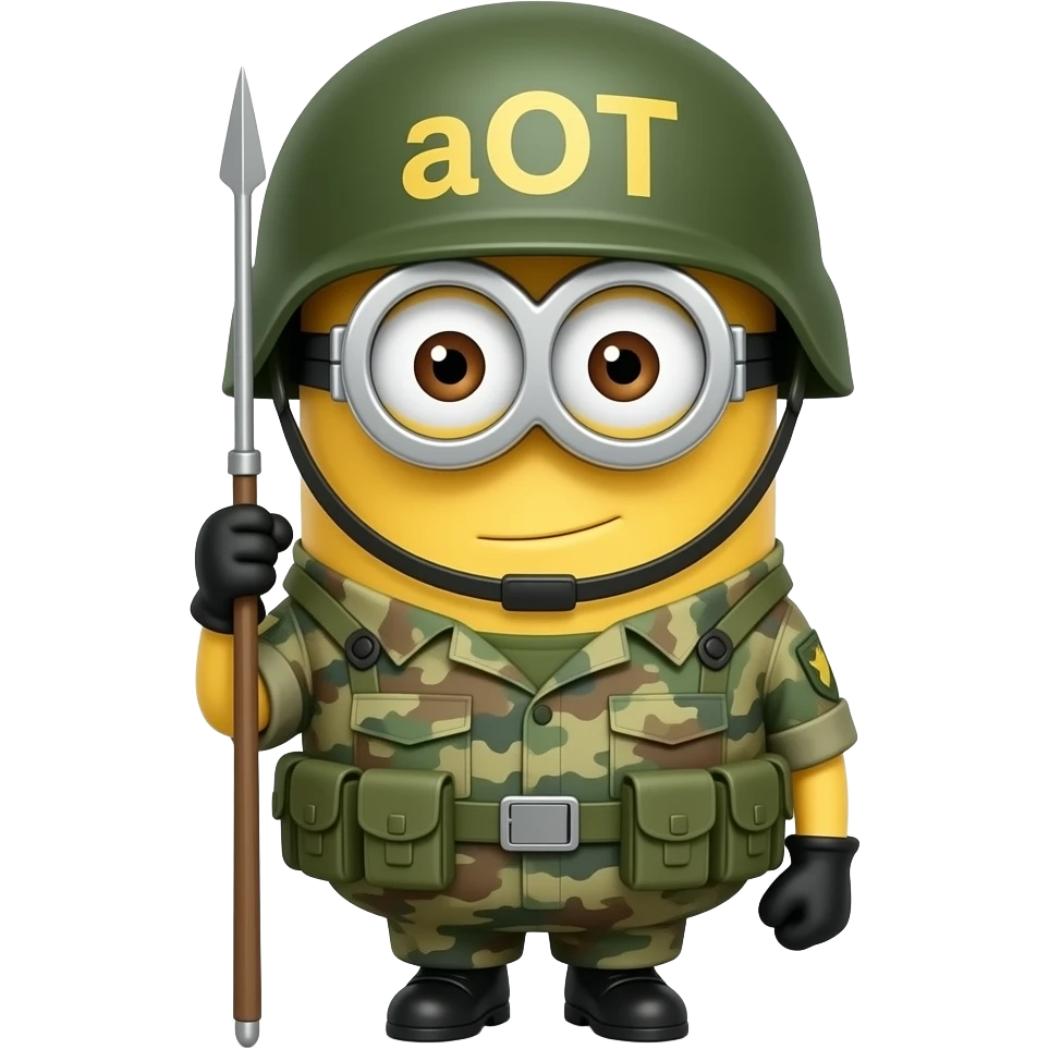 Minion in army uniform at attention on guard duty text on helmet aOT emoji