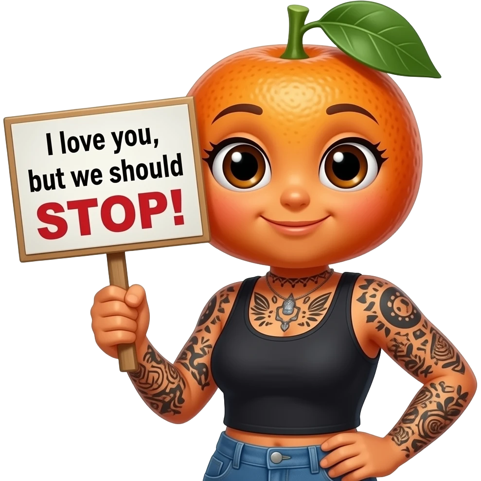Sexy tattooed Kumquat holding sign saying “I love you, but we should STOP !” emoji