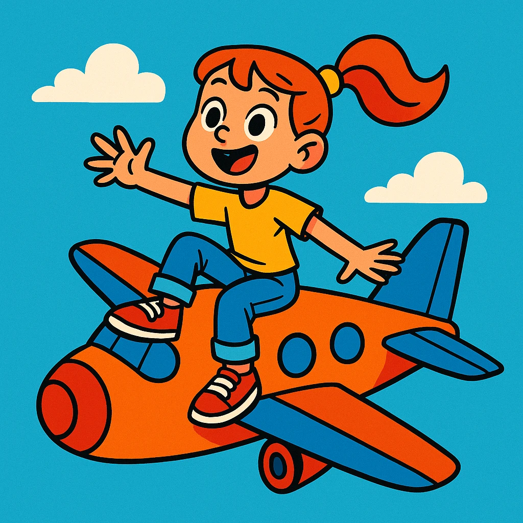 a girl sitting on top of an airplane, playful and adventurous, clear sky background, vibrant colors emoji