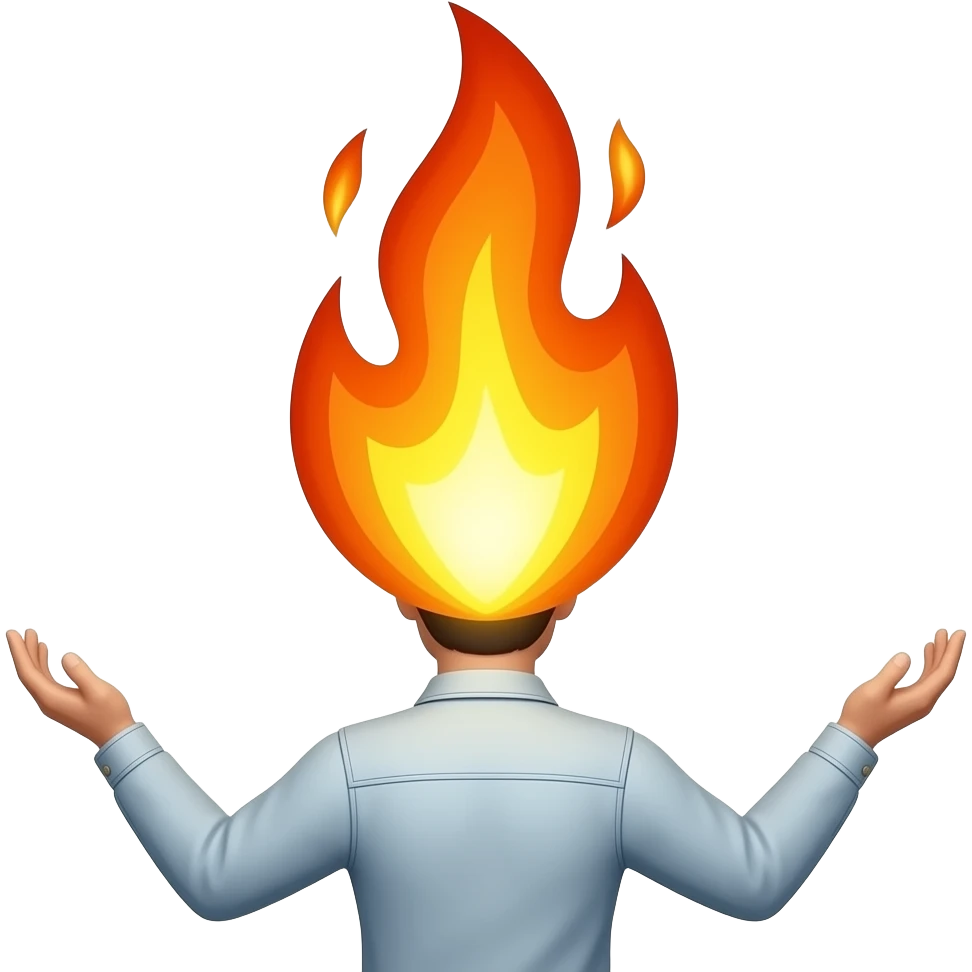 Excellent! Please this image would be perfect if it faced away, so we see it from the rear, making it a classic emoji (no body and no arms), with all of its head a ball of fire (yellow to dark-oange flames), and still with hands (but no arms) spread out to each side, seen from behind. emoji
