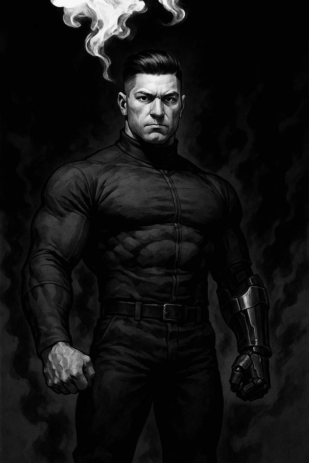 Cinematic Black and white comic book panel of an extremely muscular Italian man with cybernetic implants standing in the dark, surrounded by smoke. He is wearing a long-sleeved shirt with a high collar, and his chest is sculpted. emoji
