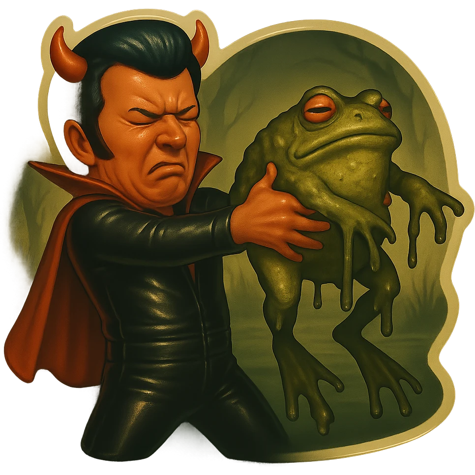 Remove all text from the image. Dress the character in a black leather jumpsuit instead of white, keep the short cape and very tiny horns. The character is holding a giant slimy toad away from himself with both hands and straight arms, head turned away in disgust, cringing. The background is swampy. Use retro sticker style with no borders. Maintain the grim vibe of the image. emoji