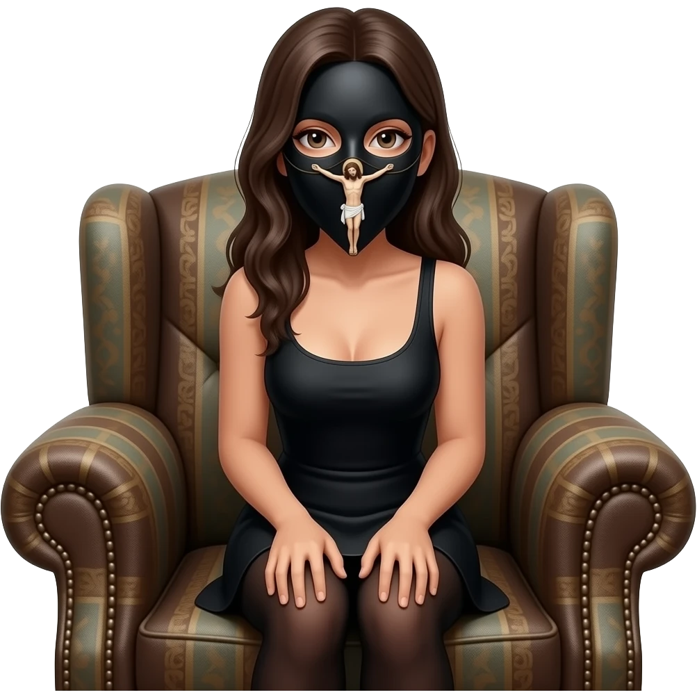 The female figure is in a crouching on the armchair covered with heavy fabric. The most prominent detail is the black mask with a small figurine of the crucified Jesus sewn between the eyes emoji