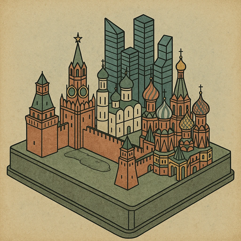 Изометричная миниатюрная 3D модель Москвы на подставке - фотореалистичный Кремль, собор Василия Блаженного, Башни Москва-Сити, аккуратная детализация, яркие цвета, мультяшный реализм, компактная композиция,  вид сверху в изометрии emoji