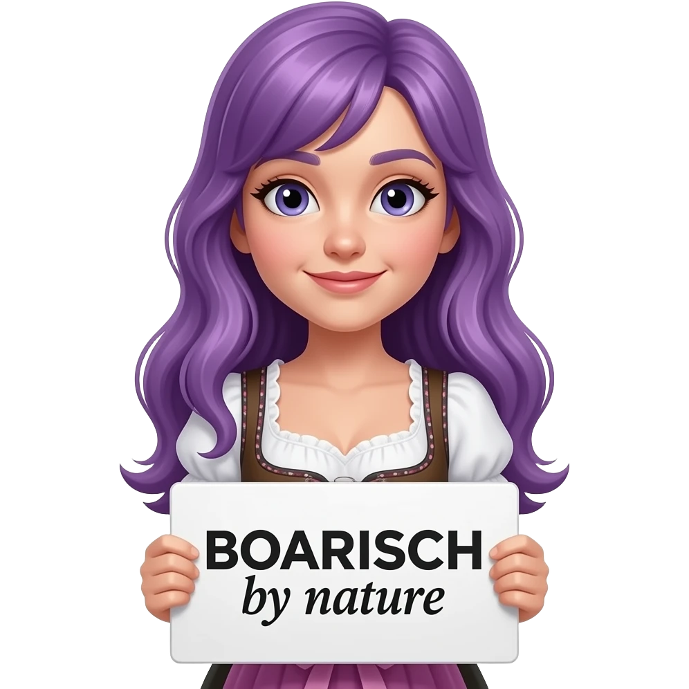 girl with long purple hair wearing a dirndl holding a BOARISCH by nature sign emoji