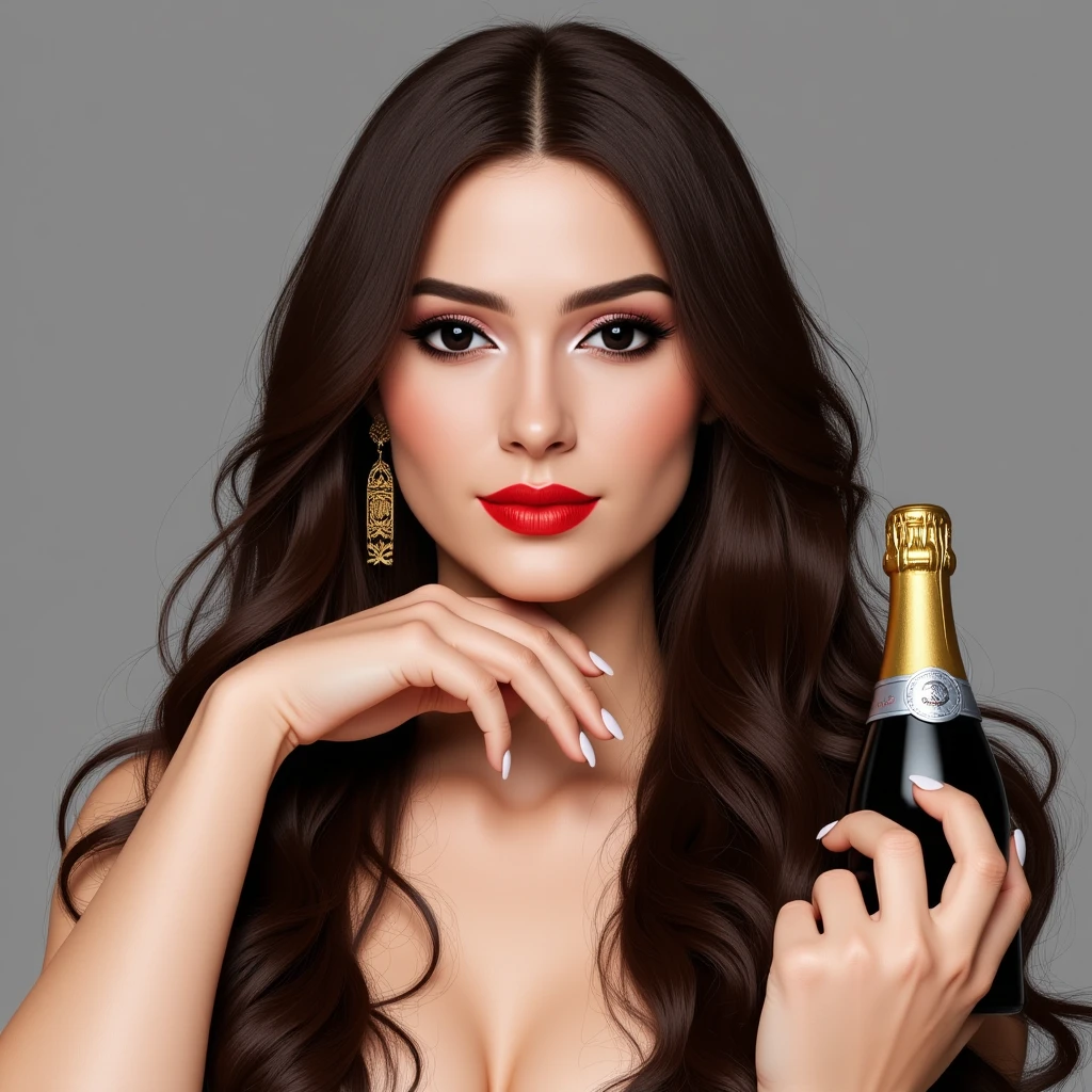 Art of nude woman's very sexy body scheme anatomy-bare shoulders and black eyes-very long straight brunette hair spreading legs and showing her pussy in seductive pose. New year elements: champagne gift emoji