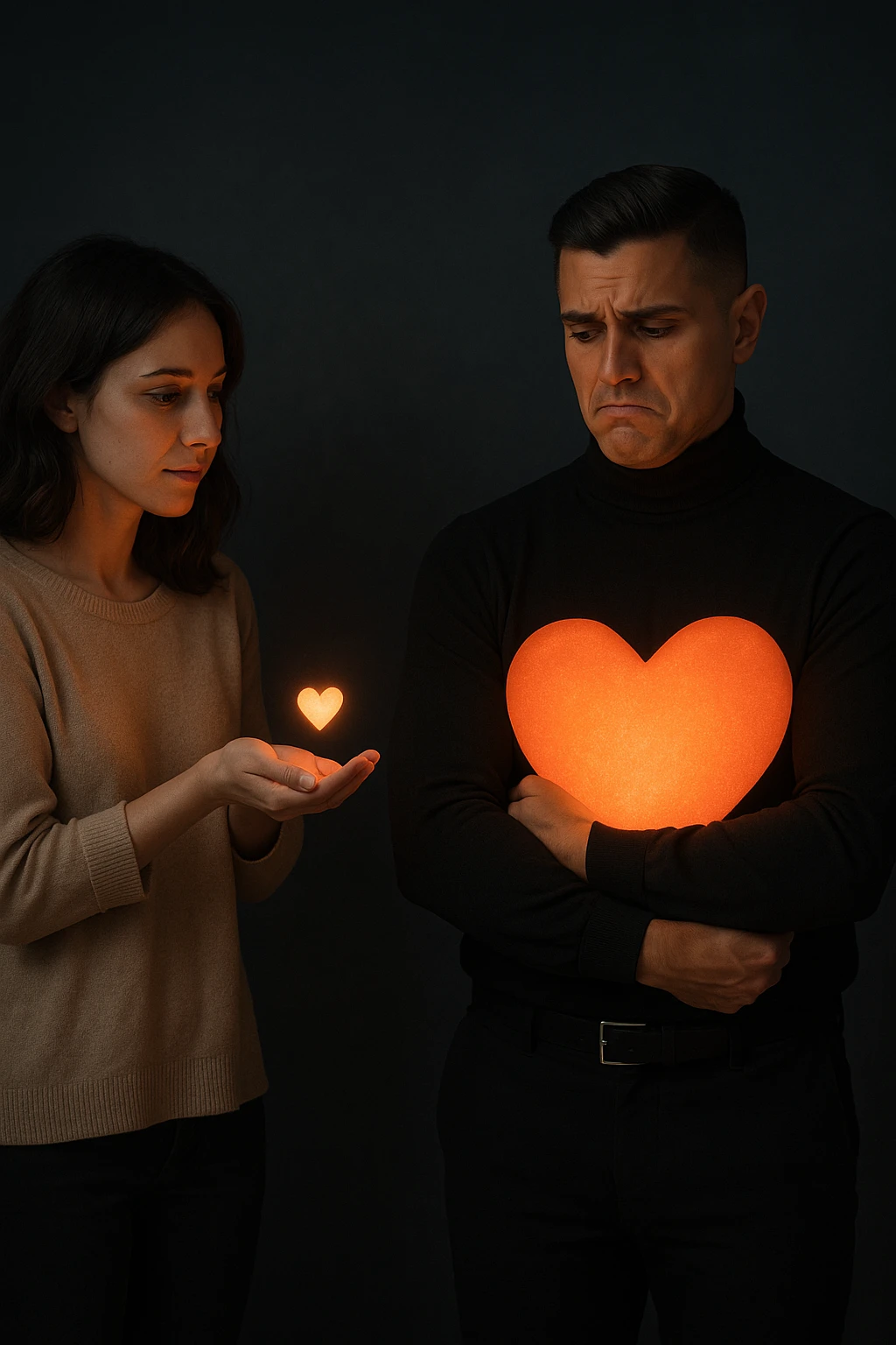 an Italian man in his 30s with olive skin and dark hair stands apart from a woman who offre un piccolo cuore luminoso tra le mani. Lui guarda il cuore con un’espressione triste e insoddisfatta, tenendo tra le braccia un cuore molto più grande e brillante, mentre la distanza tra loro è accentuata da luci soffuse e ombre. emoji