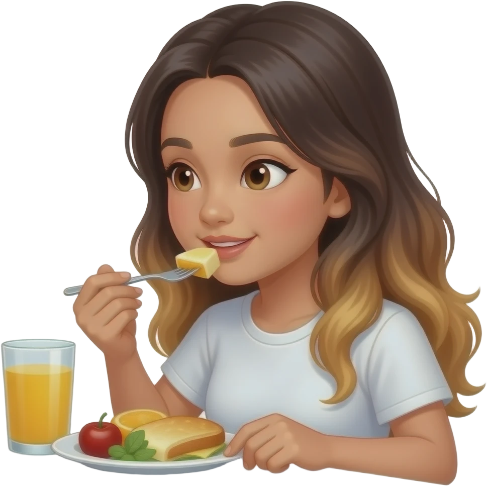 Beautiful Filipino girl beautiful eyes with long wavy hair balayage eating breakfast look at food  side view emoji