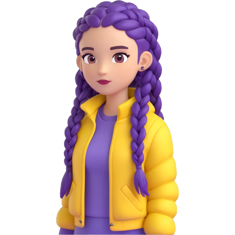 ragazza con capelli viola a treccia e giubbotto giallo emoji