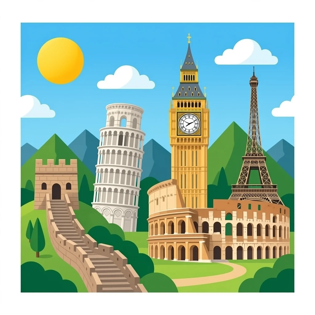 7 wonders: Great Wall of china, leaning tower of Pisa, Big Ben, Sad, colosseum, and Eiffel Tower, and Machu Picchu emoji