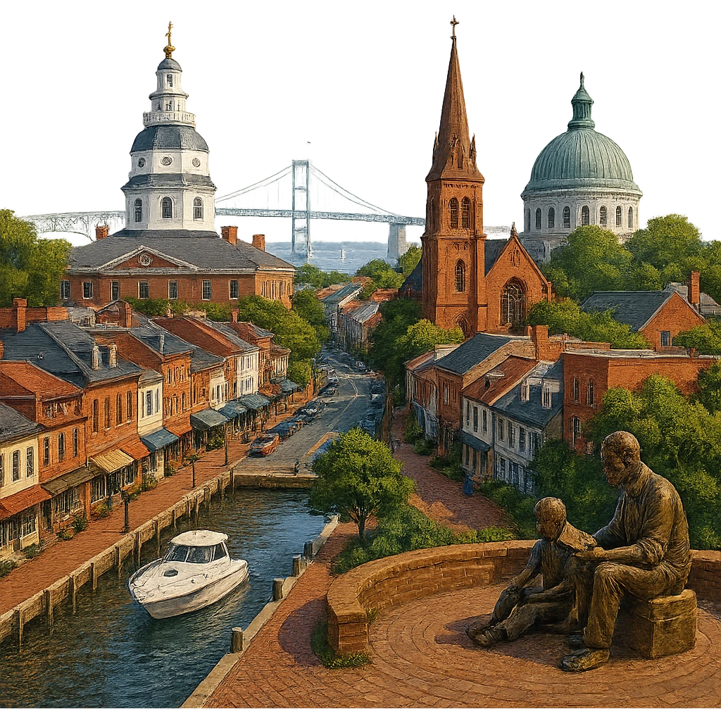 cinematic realistic emoji of Annapolis city view featuring Maryland State House, Naval Academy Chapel, Ego Alley, St. Anne's Church, Kunta Kinte-Alex Haley Memorial, Chesapeake Bay Bridge in the distance, lifelike detail, accurate colors, bright daytime, no sky, no clouds, transparent background emoji