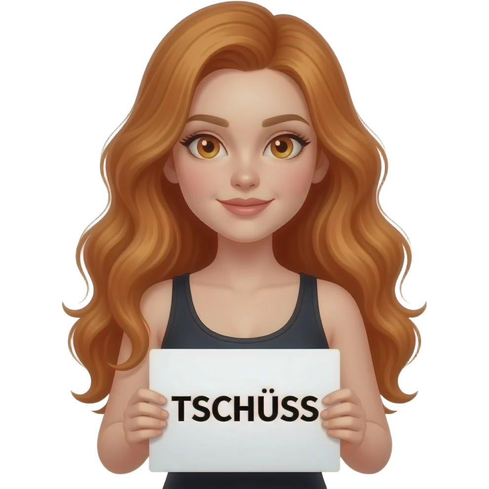 sexy girl with long wavy ginger hair and ginger eyes wearing a black tanktop is holding a white colored sign with TSCHÜSS written on it emoji