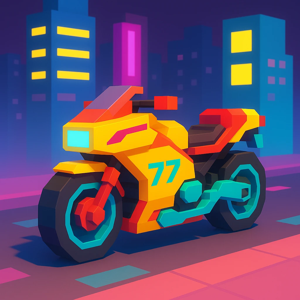 cyberpunk 2077 motorcycle, blocky design, neon lights, cityscape emoji
