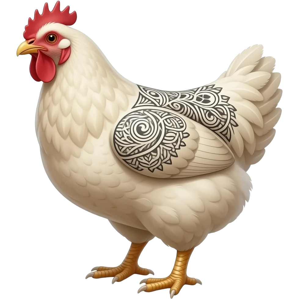 surrealistic - a huge ivory, plucked bald, tattooed chicken , shown at a 45 degree angle emoji