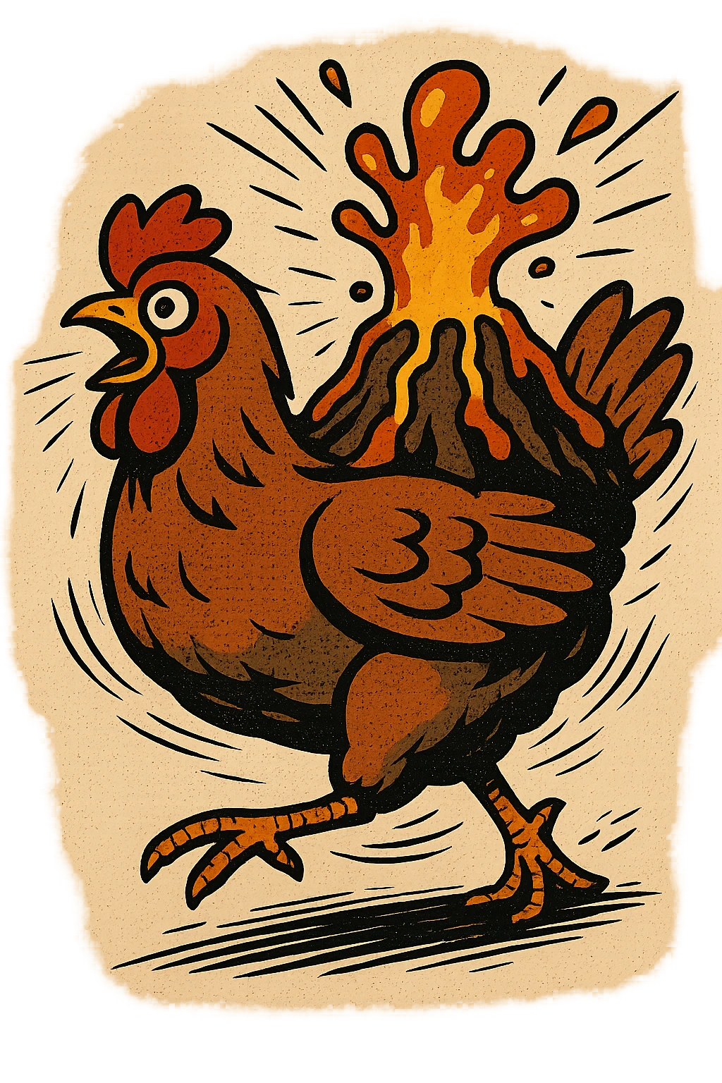comic style illustration of a chicken with lava on its back emoji