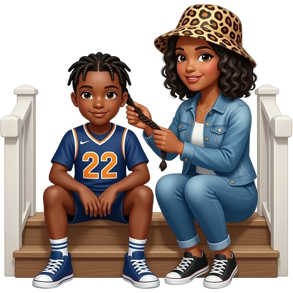 African American teenage boy with braids  sitting on house porch steps wearing a jersey shirt with the number 22 on it, getting his hair he has braided by a African American woman with shoulder length curly black hair wearing a leopard print bucket hat wearing denim jeans and a denim jacket emoji