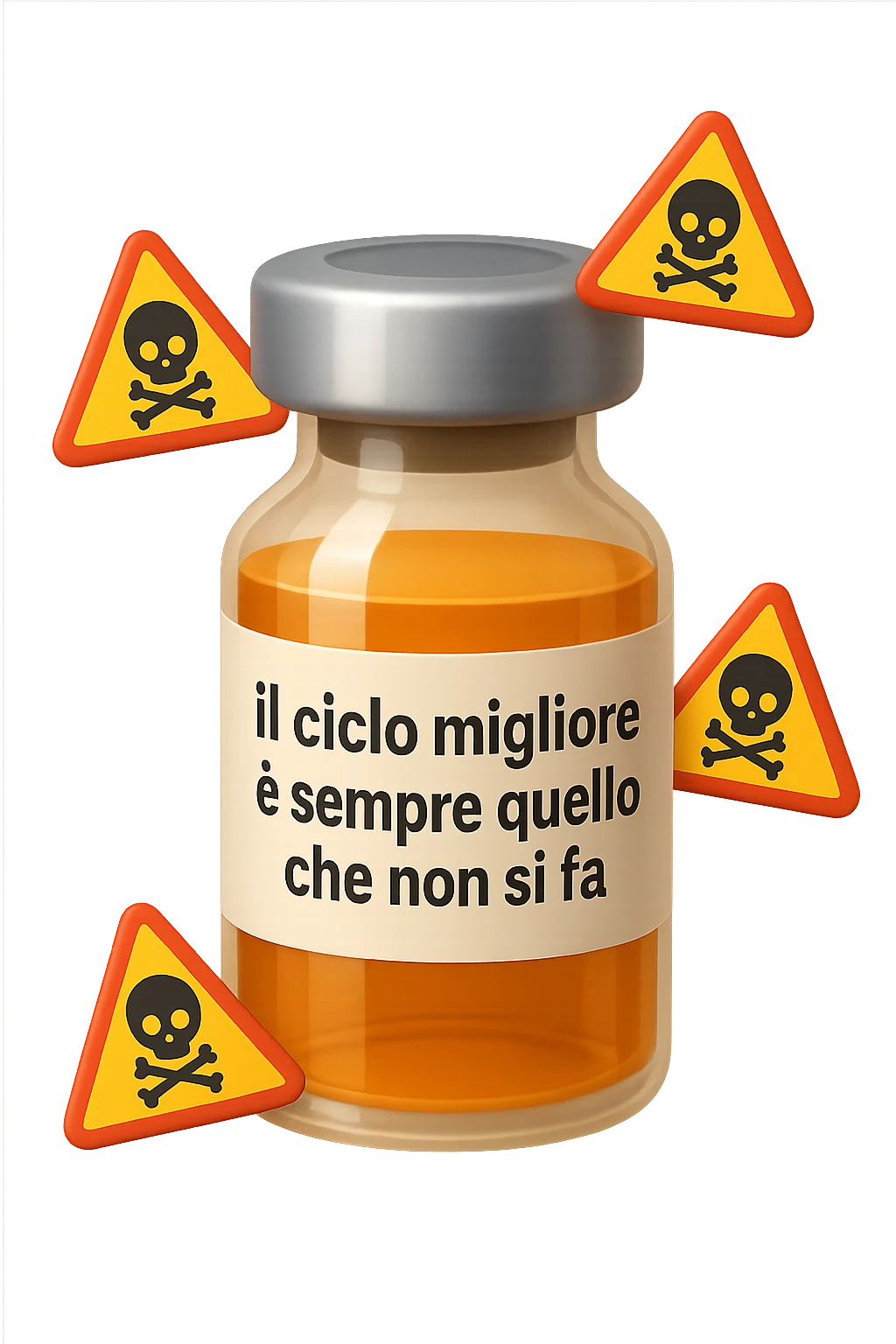 SU QUESTO STILE FAI UN EMOJI STILE IPHONE 3D DI UNa boccetta di fiala medica attorno alla quale fluttuano segnali di pericolo, sull'etichetta della boccetta c'è scritto "il ciclo migliore è sempre quello che non si fa", FALLO MOLTO REALISTICO IN 3D emoji
