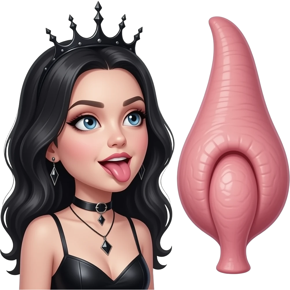 sexy gothic female face tongue iut looking up at one mans large male testicles emoji