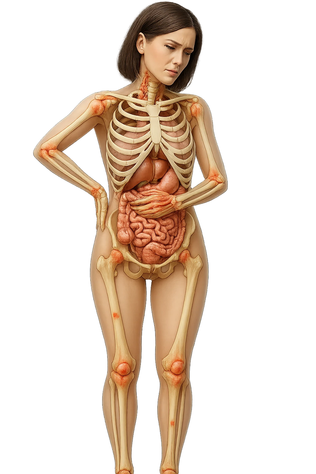 donna realistica a figura intera con red spot sparsi alle ossa, ossa del corpo visibili sul corpo, non sul volto iperrealistico 4k emoji
