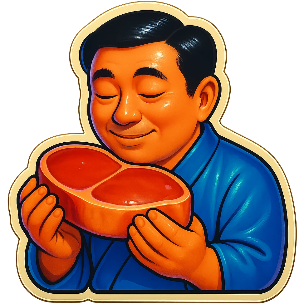 A Japanese man in traditional kimono with a loving look holds a steak in his hands, preparing to eat it emoji