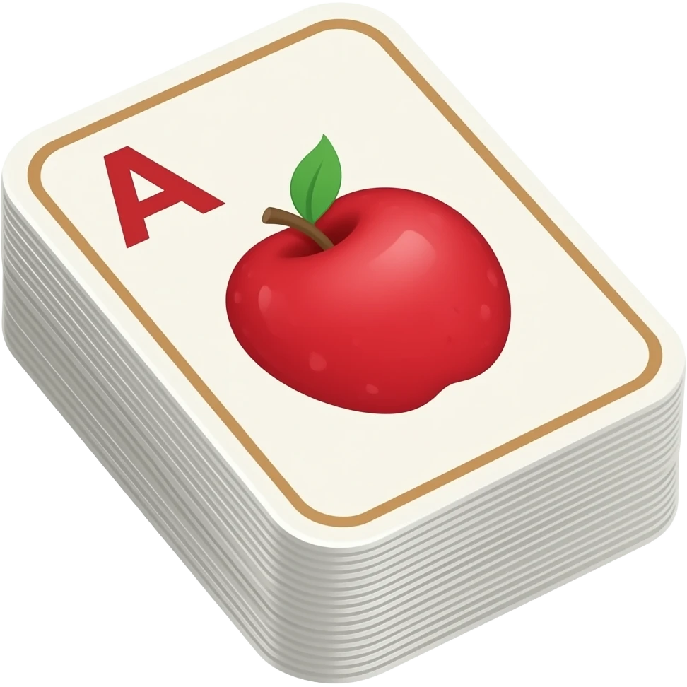 A stack of flashcards for kids, the top flashcards has letter A with an apple emoji