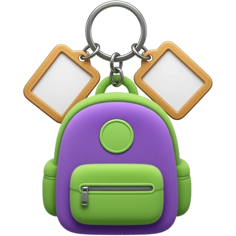 soft purple green school bagpack Plush  photo frame keychain, transparent background inspired by barbie colour pallete emoji