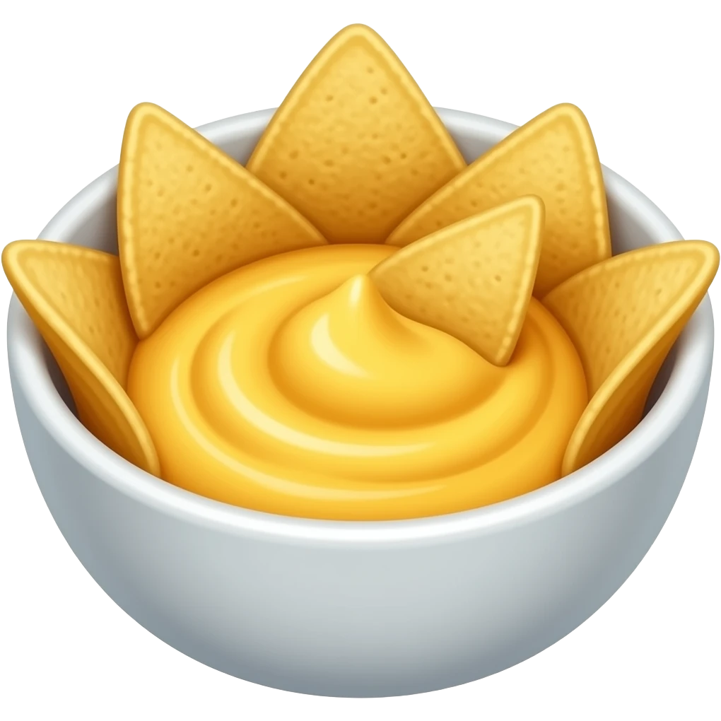 cheese dip in a small bowl with tortilla chips in triangle shape on the edge.. one dipped in the cheese dip emoji