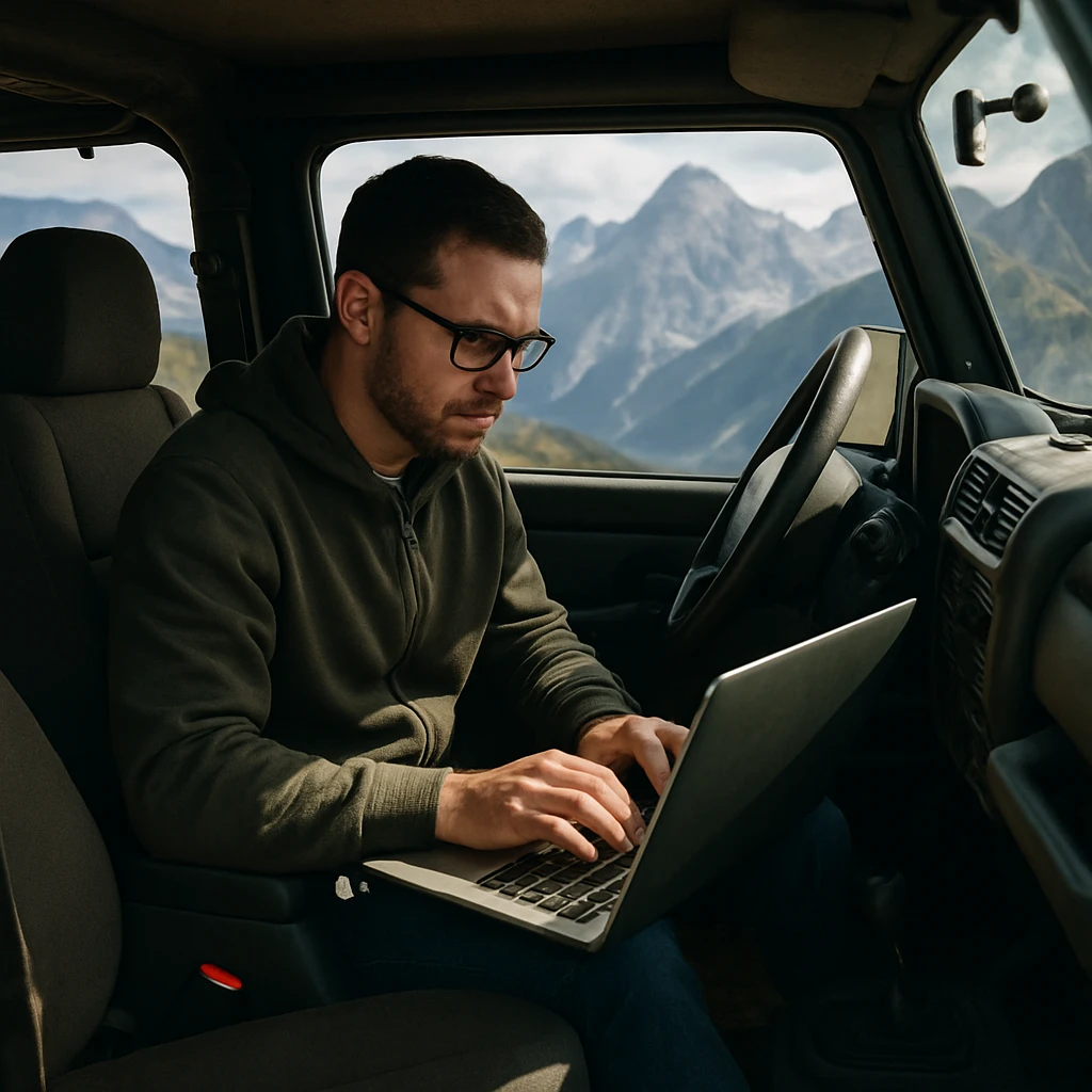 A determined IT professional with glasses, working on a computer inside a rugged jeep, with mountain peaks in the background, capturing the spirit of hard work during a mountain getaway. emoji
