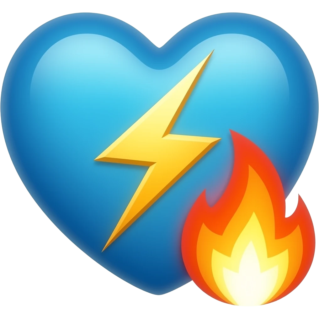Blue heart with lightning bolt and a flame emoji