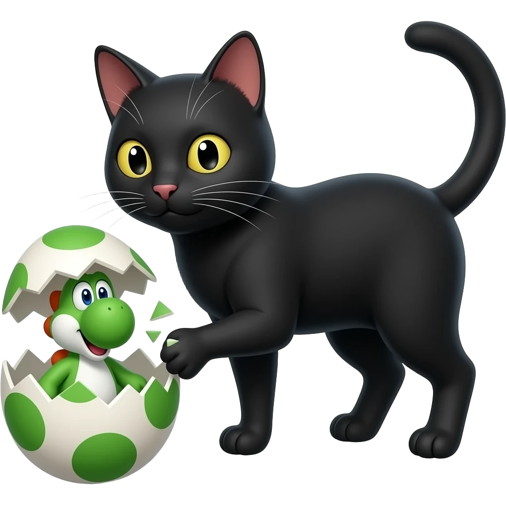 solid black cat playing with a yoshi egg from the super mario franchise, the egg is cracked open with a little yoshi popping out emoji