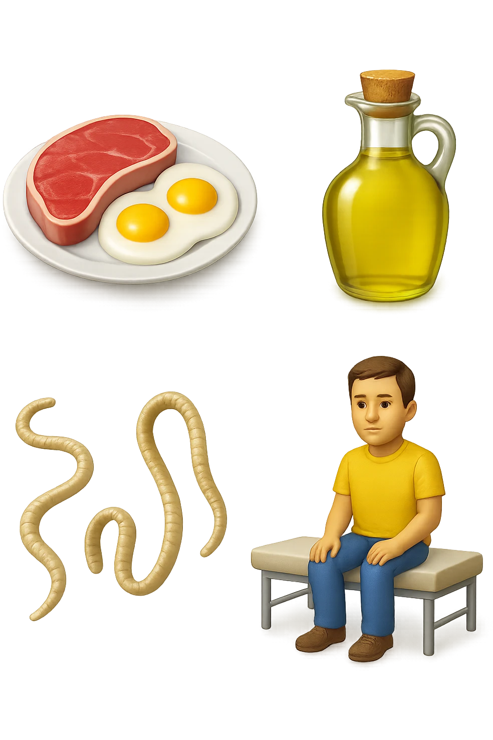 emoji stile iphone di UN PIATTO CON CARNE ROSSA E UOVA, UNA BOTTIGLIA DI OLIO DI SEMI, DUE PARASSITI TIPO LA TENIA, UOMO SEDUTO SU UN LETTINO DA FISIOTERAPISTA, IPERREALISTICO 4K emoji