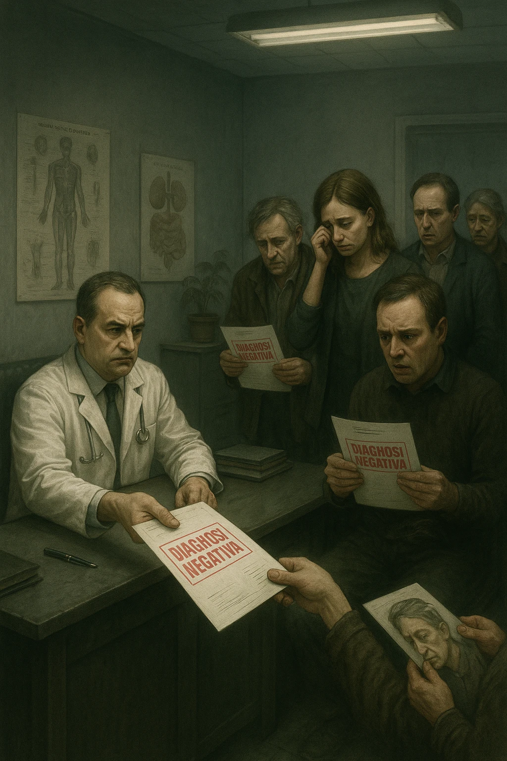 A realistic, cinematic illustration set in a dull, grey-toned medical office. A middle-aged male doctor in a white coat with a stern, cold expression is seated at his desk, handing out medical reports with large red ‘Negative Diagnosis’ stamps to each patient in line. The patients, of various ages and appearances, stand in a line, each looking increasingly sad, defeated, and demoralized as they receive their papers, with slumped shoulders and empty gazes. One young woman wipes away a tear, while a man stares at the paper in shock. The background shows medical posters, a faded plant, and harsh fluorescent lighting, emphasizing the cold, mechanical environment. The mood is heavy, illustrating how negative diagnoses delivered without empatia can deeply affect the mental health and morale of patients. The style is realistic, with subtle filmic grain, emphasizing emotional impact and the weight of medical words on people’s lives. in italiano emoji