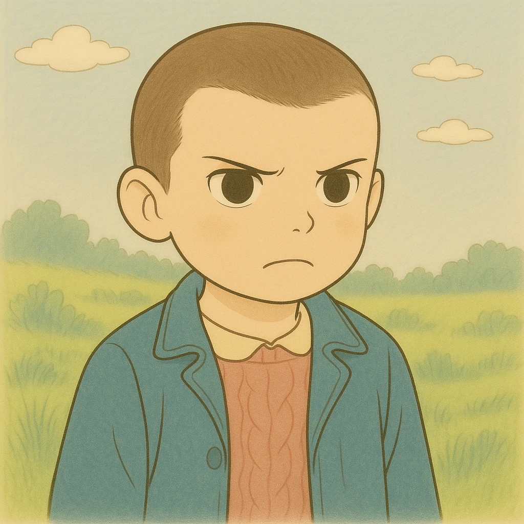 Create a version of Eleven with shaved hair, serious expression, simple and delicate line art as in the reference drawing, colored in pastel tones, with thin and dark outlines. Style: Ghibli. Format 1:1. emoji