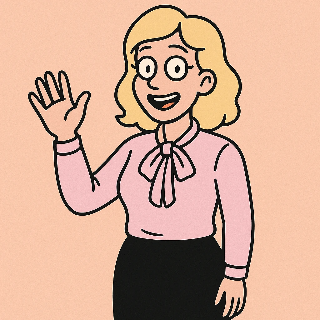 A woman light yellow hair Sky pink Flavia Pussy Bow Blouse Black Numana Straight Skirt a hand say hello emoji