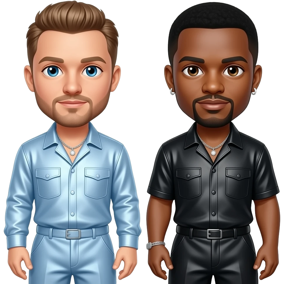 Justin Timberlake with blue eyes, light brown hair, baby blue metallic shirt and baggy pants, necklace, Timbaland with brown eyes, black hair, black metallic shirt, black metallic baggy pants, necklace and short earrings emoji