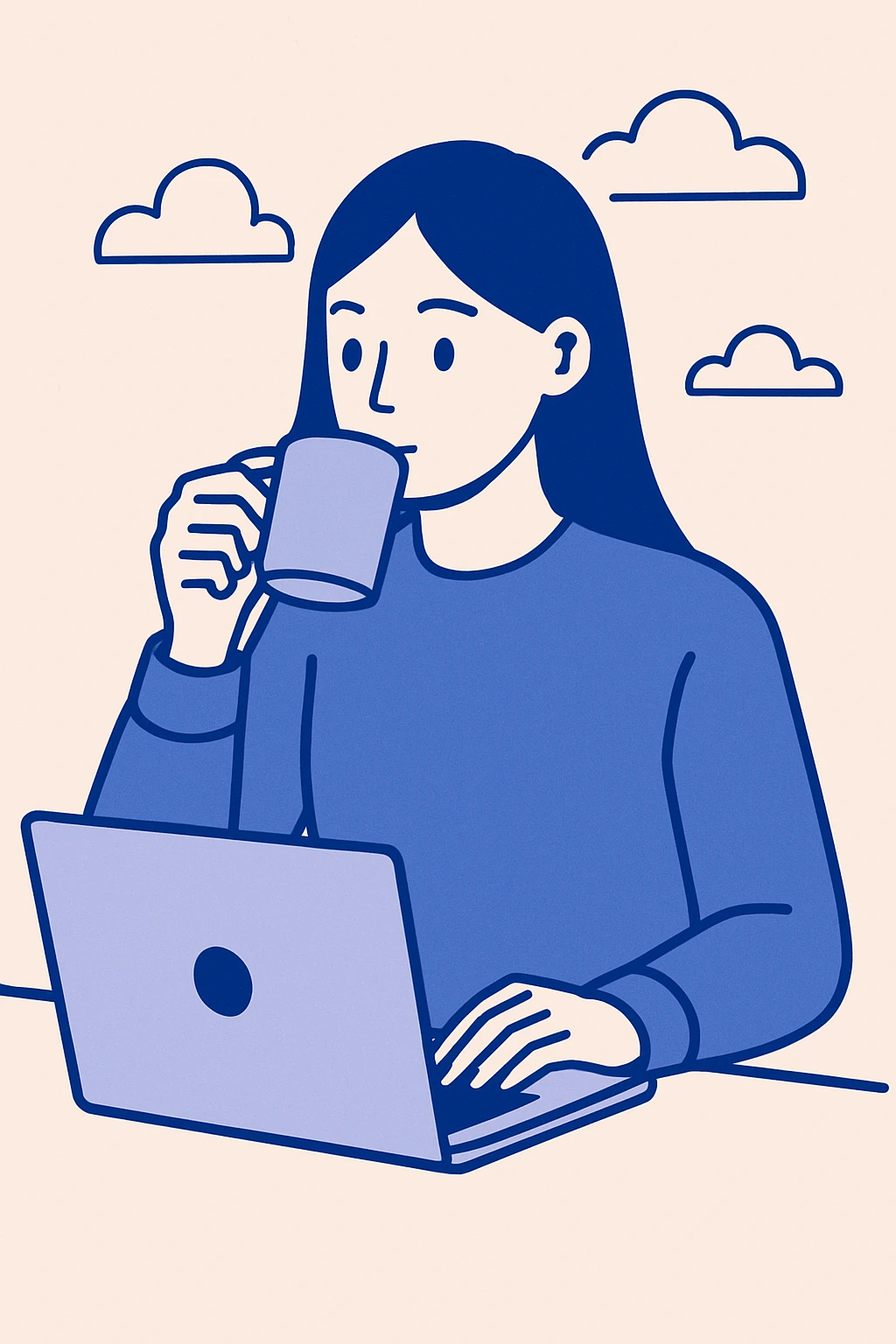 young 20-year-old woman with long straight brown hair, wearing a sweater, drinking coffee and working on a laptop, flat minimalist style, white background emoji