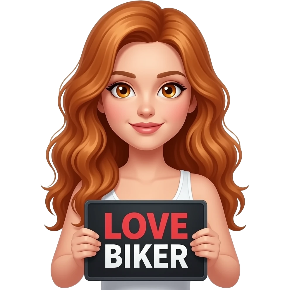 sexy girl with long wavy ginger hair and ginger eyes wearing a white tanktop is holding a black colored sign with LOVE BIKER written on it emoji