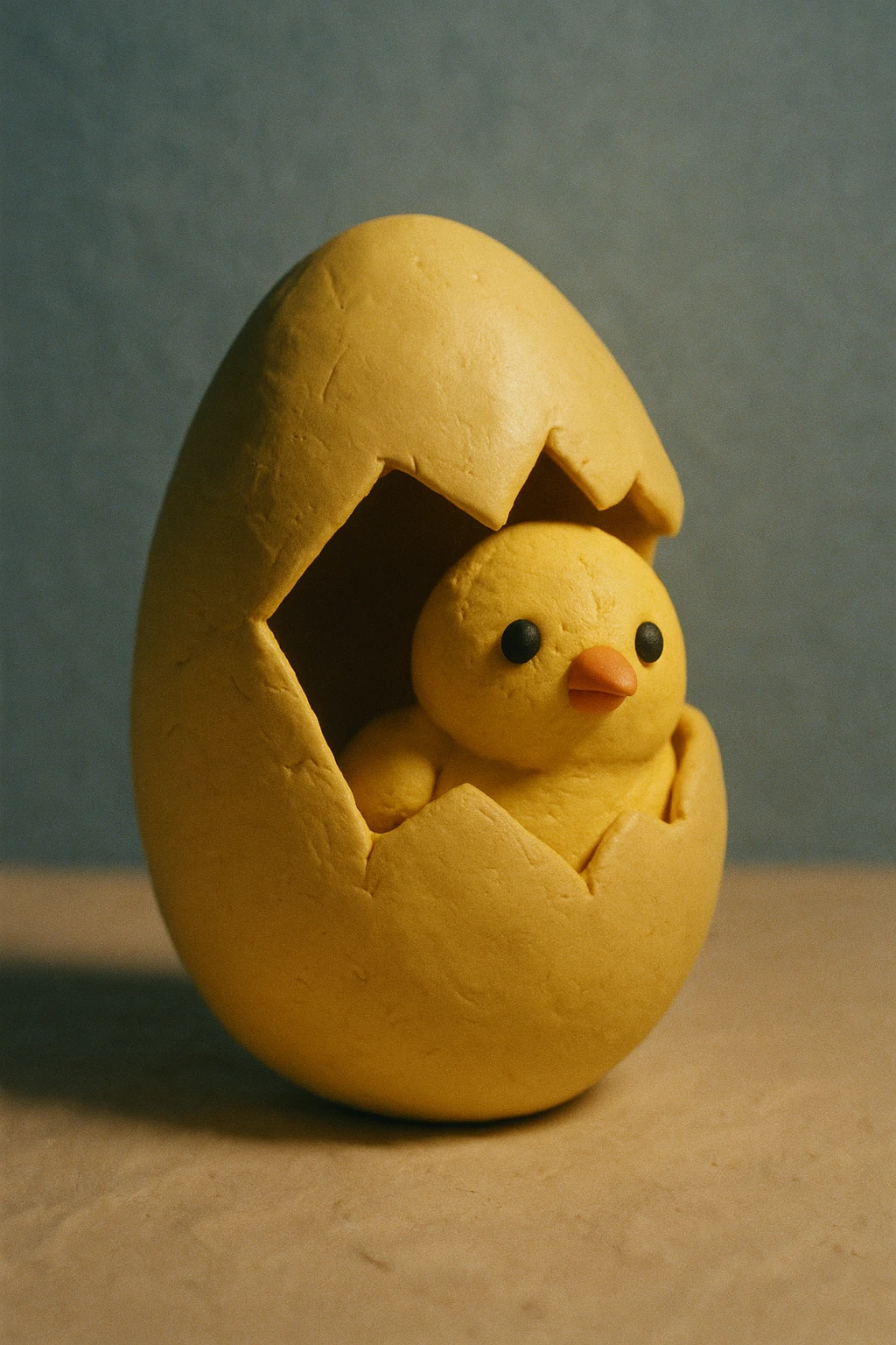 A golden egg in claymation style with a matte, plasticine texture, visible fingerprints, and pastel colors, with a small chick peeking out. emoji