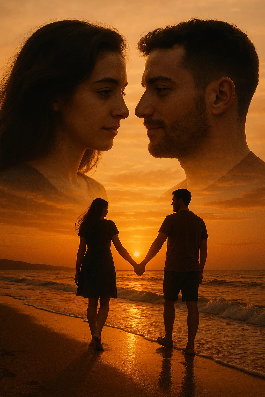 Una doppia esposizione cinematografica di noi di profilo, con un paesaggio di spiaggia al tramonto integrato nella silhouette.
La scena interna ci mostra entrambi camminare sulla sabbia bagnata, tenendoci per mano, con le onde del mare che si infrangono è facile e un cielo colorato dagli ultimi raggi di sole. Atmosfera calda e intima, toni dorati arancioni, dettagli fini ed espressivi, risoluzione 8K. emoji